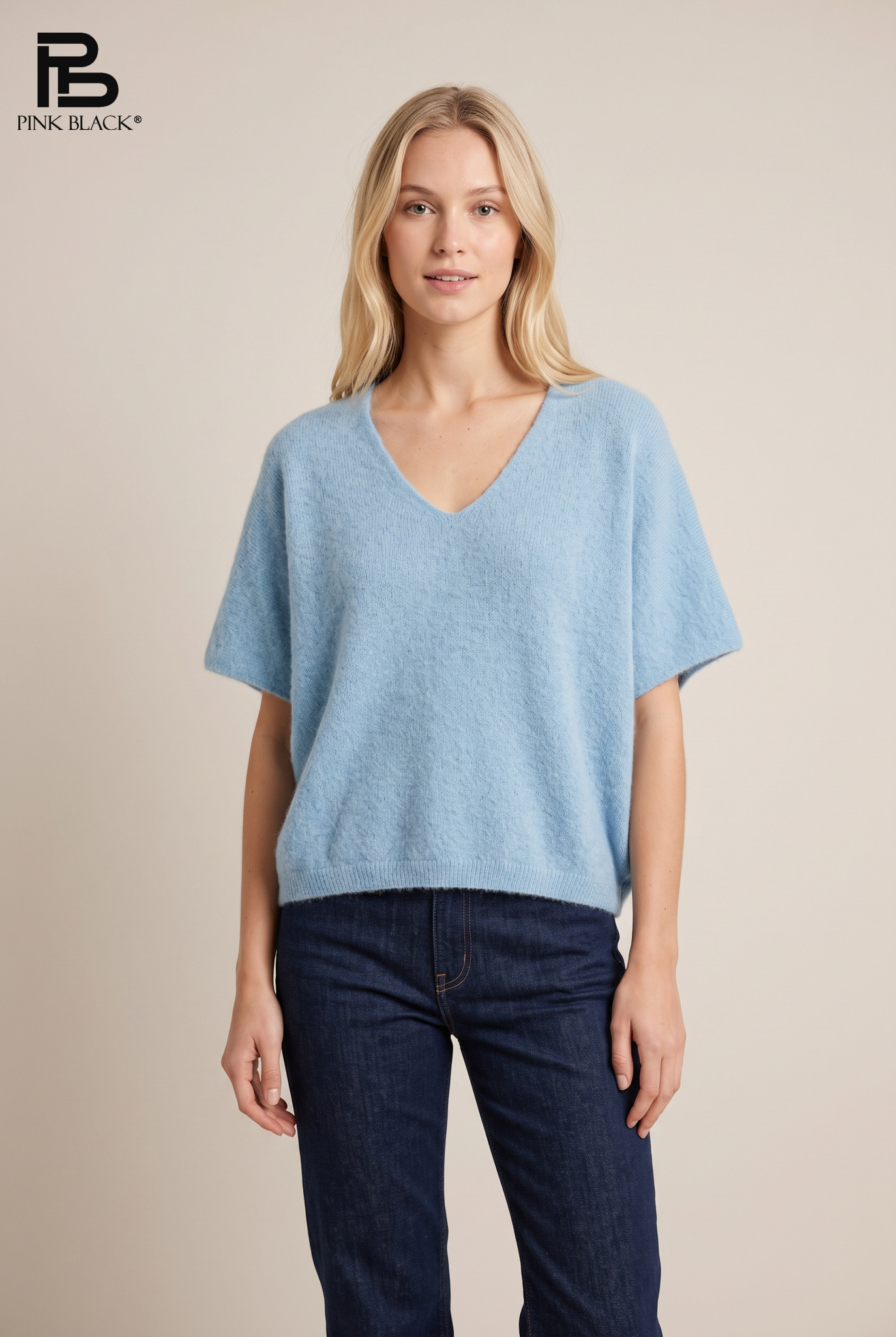 Sweter Luźny V-neck Krótki Rękaw